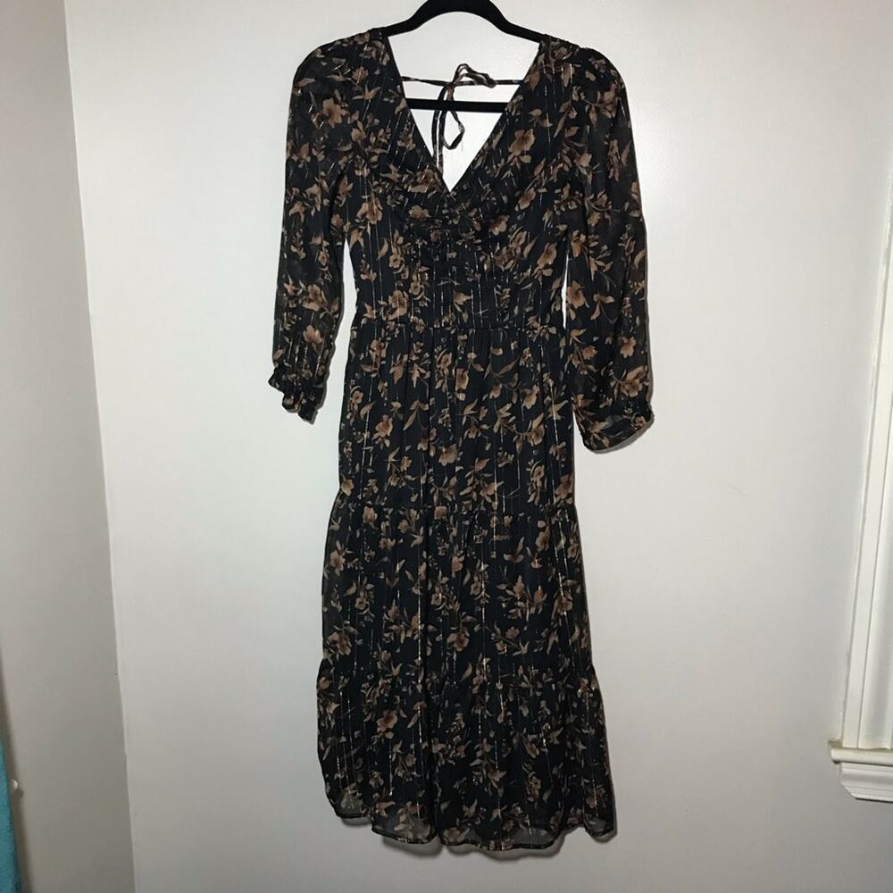Fairy grunge black floral print v neck maxi tiered dress gold metallic stripe S